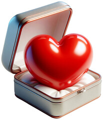 A glossy red heart resting inside an open jewelry box, cute 3D cartoon look