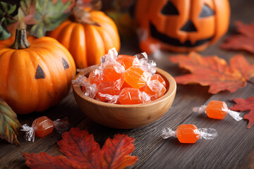 Halloween-themed pumpkin and spice arrangement with autumn leaves and carved pumpkins in background