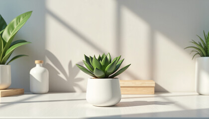 Obraz premium succulent plant in a white pot with natural light casting shadows on a minimalist desk setup, ideal for home decor and interior design inspiration