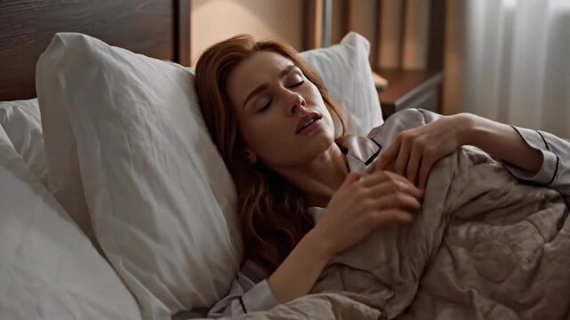 Woman lying in bed with her hand on her head, eyes closed and blanket pulled up