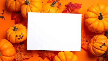 Festive arrangement with vibrant pumpkins, autumn leaves, and a blank white rectangular space for text, all set against an orange background