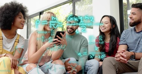 Sitting five adults collaborating around smartphone in lounge, equations overlay, overalls, sweater