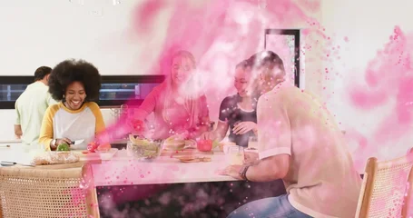 Fotobehang Koken Preparing five adults chopping peppers at kitchen island wearing jeans and shirts, cutting boards  © vectorfusionart