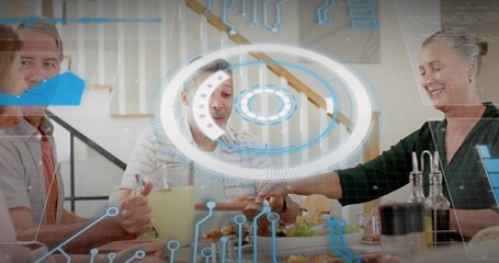 Sharing four adults passing dishes at dining area, with salad bowl, pitcher, HUD overlay
