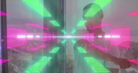 Naklejka premium Stretching woman in white tee holding arm across chest by glass wall, neon chevrons, copy space