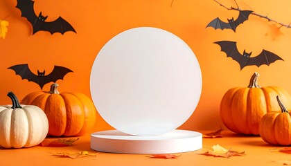 Festive autumnal scene featuring pumpkins, bats, and a white illuminated orb and platform against an orange background