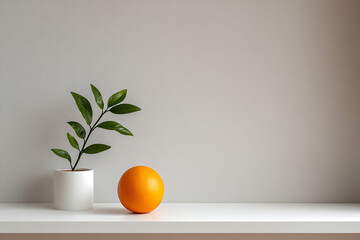 A simple still life featuring a potted plant and a bright orange fruit.