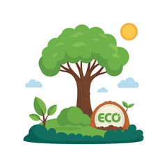 Lush green tree, ECO sign, plants under sun and clouds