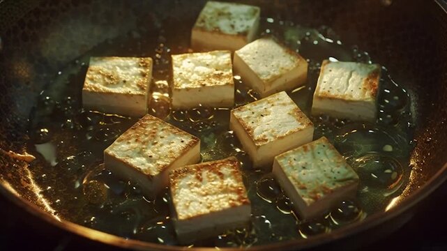 Crispy Tofu Cubes Sizzling in Hot Oil.