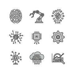 Modern AI, robotics, and data technology flat icon set