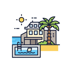 Modern house with swimming pool and palm tree under sun