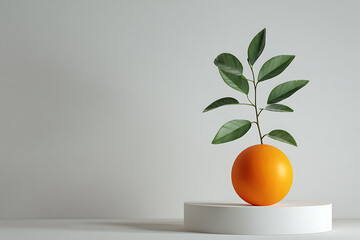 A vibrant orange fruit paired with a small green plant on a minimalist white shelf