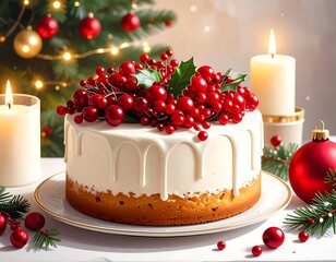 Festive cake with dripping white frosting adorned with red berries and greenery, alongside lit candles and ornaments