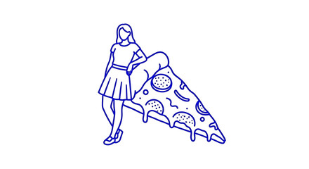Minimalist blue line art of woman leaning on a giant pizza slice