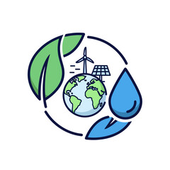 Planet Earth with green energy, leaf, and water drop icon