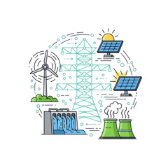 Renewable and conventional energy sources with power transmission illustration