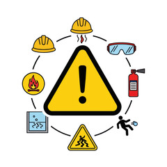 Safety and hazard icons around a central warning sign