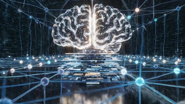Glowing human brain within a complex digital network representing artificial