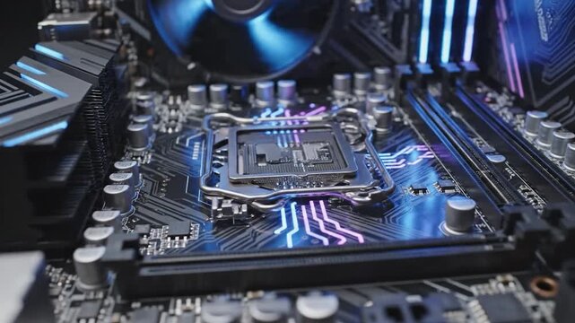 Detailed view of a computer motherboard with illuminated electronic components.