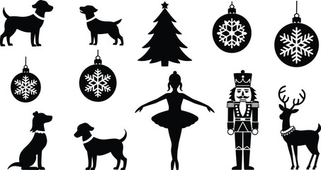 Christmas Holiday Silhouette Set with Nutcracker Ballerina Reindeer Dog Figures Tree and Snowflake Ornament Icons Isolated on White Background for Festive Winter Season Graphic Design © MdMamunur