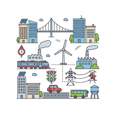 Urban city scene with buildings, transport, energy, and industry