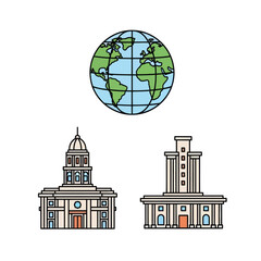 World globe and two classic institutional building icons
