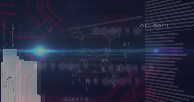 Blue lens-flare sweeping in revealing wireframe skull over rising bar chart, visualizing HUD threat