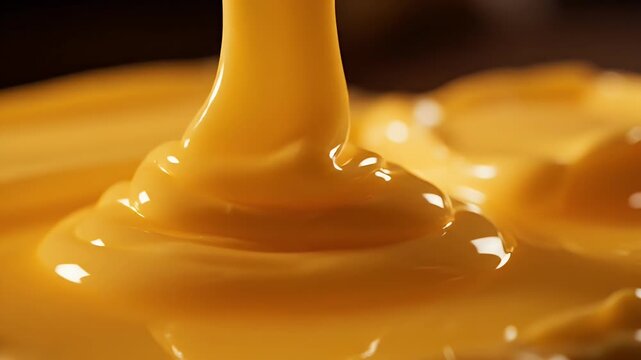 Thick, golden liquid pours and pools, reflecting light