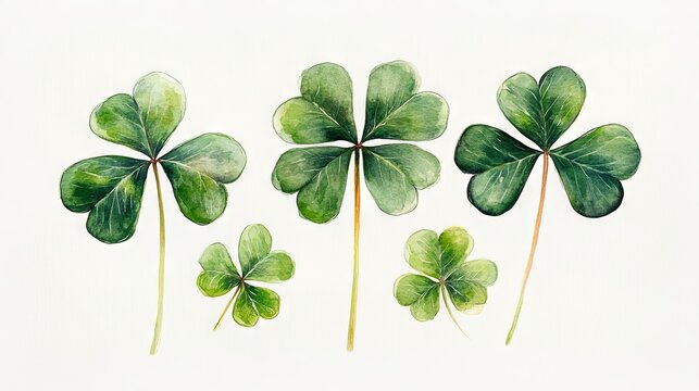 Four-leaf clover leaves, symbolizing luck, in a St. Patrick's Day watercolor clipart design
