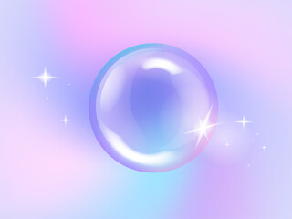 Abstract 3D glass sphere Minimalist on holographic pastel gradient background with sparkling stars.