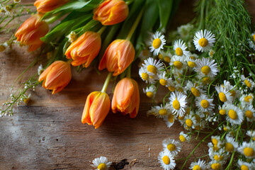 Close-up of vibrant tulips blooming in a garden bed with green foliage.
