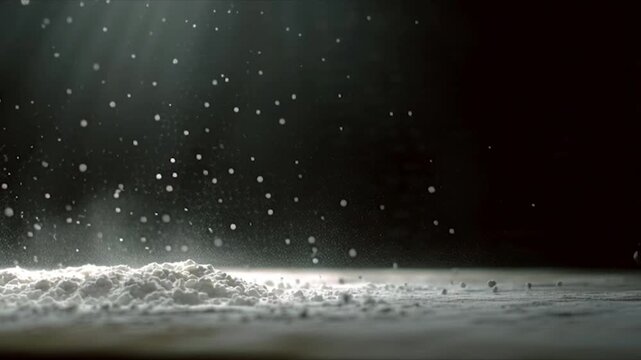 Flour dust explosion on a dark background with dramatic lighting.