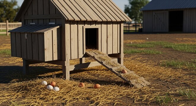 Small wooden chicken coop in a farmyard with fresh eggs scattered on straw.