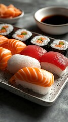 Luxury sushi platter salmon rolls soy sauce wooden bowl image