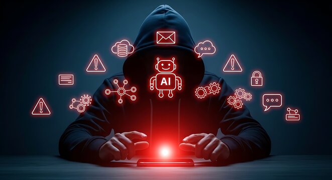 Person in Hoodie with A I Symbols and Red Light on Smartphone robot