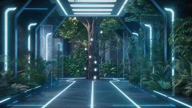 Explore a cinematic futuristic garden. Plants thrive inside a high-tech structure with neon lights highlighting pathways and integrated technological displays.