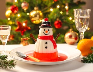 Festive dessert a snowman-shaped gelatin sits on a plate, Christmas tree in background