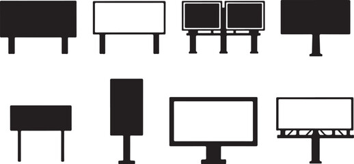 Comprehensive Billboard and Advertising Signage Icon Set Vector Collection - Eight different black silhouette graphics for roadside display, promotion, marketing, and outdoor branding mockups. © mdsohrab