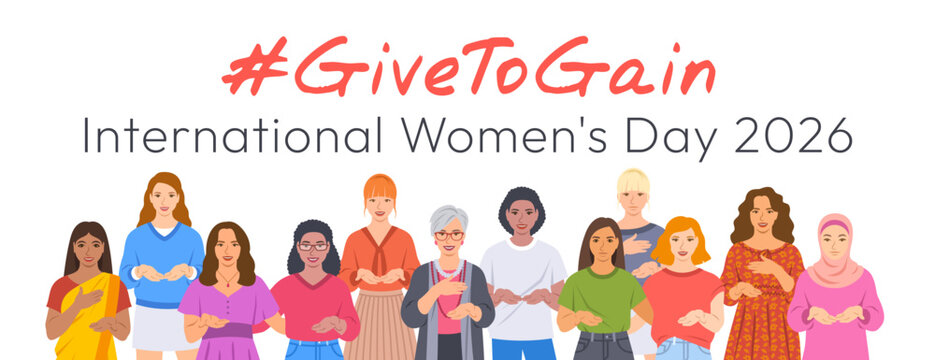 Give to Gain campaign pose. International Women's Day 2026. Diverse women demonstrate open palms giving gesture, with hand on their hearts to show generosity, collaboration and support for all women