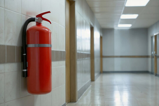 A red fire extinguisher is hanging on a wall in a hallway. Concept of safety and preparedness, as the fire extinguisher is readily available in case of an emergency