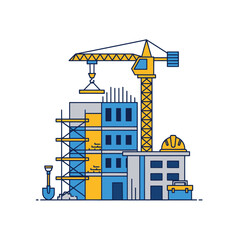 Building construction site with crane and scaffolding flat illustration