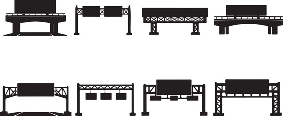 Comprehensive Vector Silhouettes Collection of Overhead Highway Sign Gantries, Road Overpasses, and Freeways Infrastructure Elements for Transportation and Urban Design Projects. © mdsohrab
