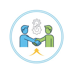 Business partnership handshake with gears and upward arrow icon