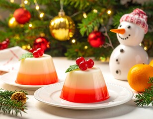 Festive dessert displays two layered gelatinous treats garnished with berries, set against a backdrop of Christmas decorations, a snowman, and a mandarin