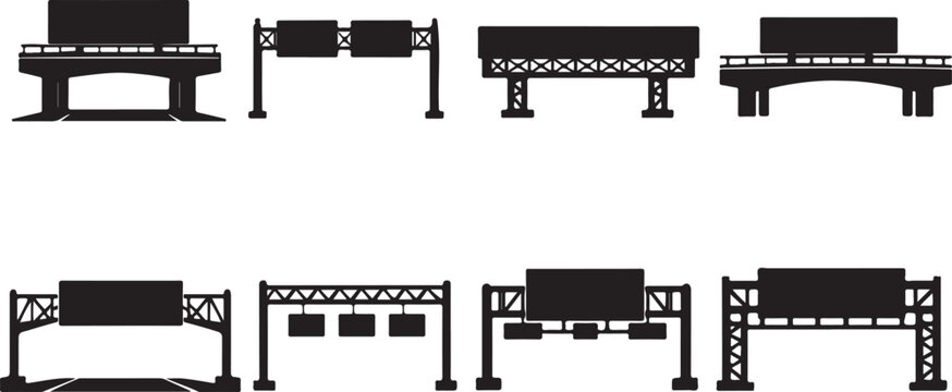 Comprehensive Vector Silhouettes Collection of Overhead Highway Sign Gantries, Road Overpasses, and Freeways Infrastructure Elements for Transportation and Urban Design Projects.