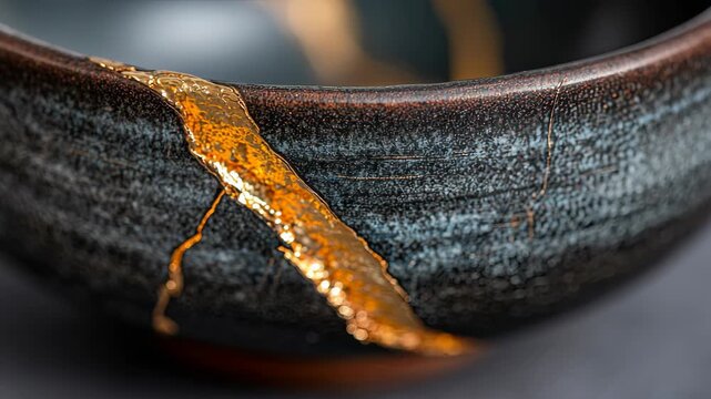 Close Up of a Kintsugi Ceramic Bowl with Golden Repair Line on a Dark Background