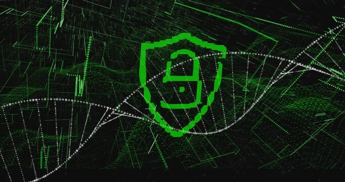 Dashed shield appearing center starting neon padlock forming, helix sweeping grid, showing security