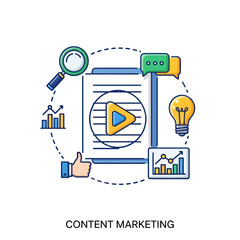 Content marketing strategy illustration with video, analytics, ideas, engagement