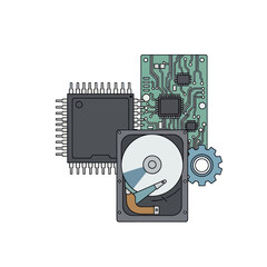 Computer hardware components with circuit board and hard drive