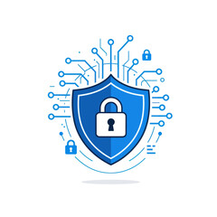 Cyber security shield with padlock protecting digital data